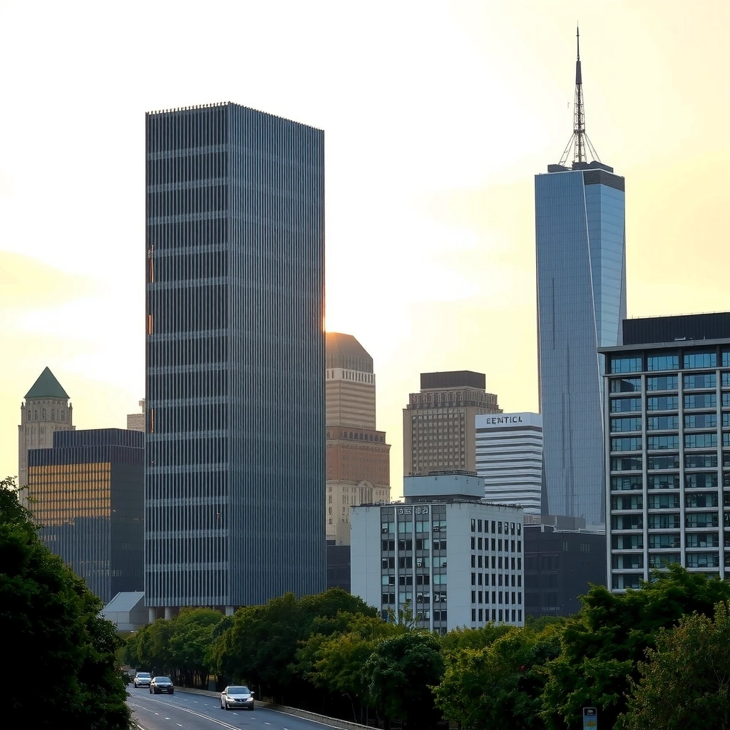 Moderne Finanzmetropole bei Sonnenuntergang mit Wolkenkratzern